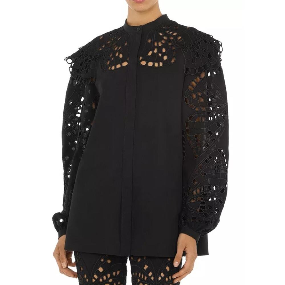 ALBERTA FERRETTI Black Eyelet Embroidered Lace Tiered Shoulder Overlay Blouse 2